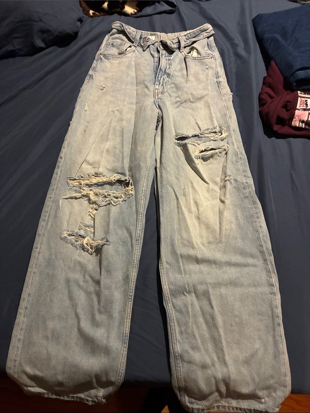 Distressed Wide Leg Blue Jeans